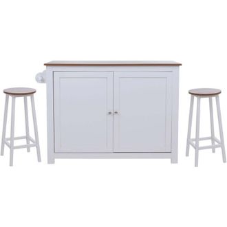 Hhg Isola cucina HHG-683 con 2 sgabelli, credenza con sportelli con ripiani MDF 90x120x45 cm, bianco, legno chiaro
