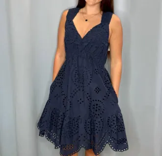 Skies Are Blue Clothing Womens Scallop Hem Eyelet Dress In Navy