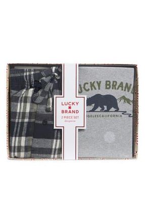 Lucky Brand Long Sleeve Thermal Shirt & Plaid Flannel Pants Pajamas in Charcoal Heather Grey/indigo at Nordstrom Rack, Size X-Large