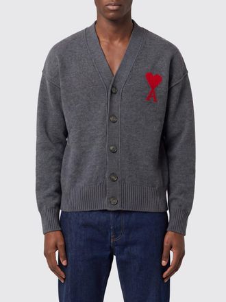 Ami V-Neck Wool Cardigan with Contrast Logo