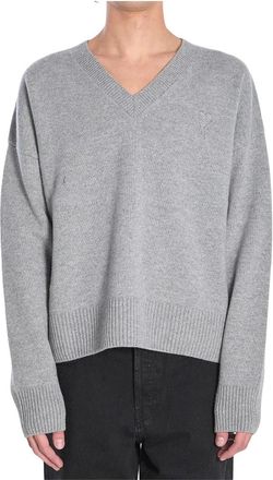 Ami V-neck Knitwear, male, Gray, Size: M Grey V-neck Ribbed Sweater with Logo
