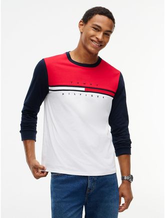 Tommy Hilfiger Mens Long-Sleeve Tommy Logo Colorblock T-Shirt - Optic White - XXL