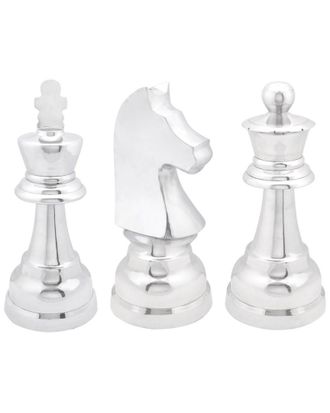 CosmoLiving by Cosmopolitan Cosmoliving By Cosmopolitan Set Of 3 Chess Silver Aluminum Sculpture With Knight, Queen And King