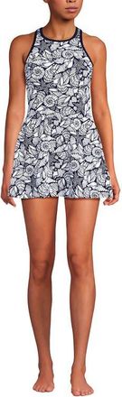 Lands End Chlorine Resistant Tugless High Neck Swim Dress One Piece Swimsuit in Tossed Shells/deep Sea Navy at Nordstrom, Size 12