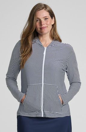 Lands End SunShade UPF 50 Hooded Zip Front Rash Guard in Deep Sea Navy Mini Stripe at Nordstrom, Size X-Small