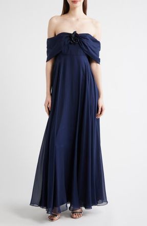Sachin & Babi Rebecca Rosette Detail Off the Shoulder Silk Chiffon Gown in Midnight at Nordstrom, Size 14