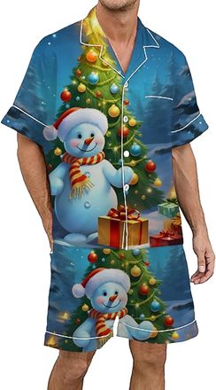 Generic Mens Christmas Printed Silk Satin Pajama Set Short Sleeve Button Up Wear Comfortable Holiday Nightwear for Festive Season (Light Blue, XL)