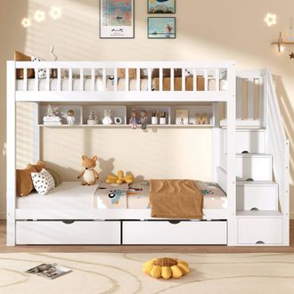 Merax White 3FT Single Childrens Bunk Bed with Drawers & Stair Storage