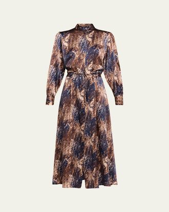 Kiton Long-Sleeve Abstract-Print Silk Drawstring Maxi Shirtdress