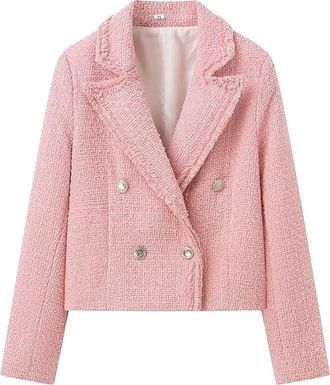 Generic Womens Tweed Blazer Jacket Elegant Boucle Cropped Coat Fully Lined Notch Collar Business Casual Fall Work Blazers Pink Large