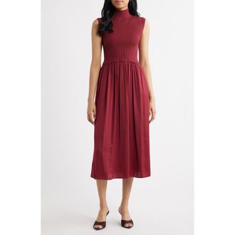 Vince Camuto Mixed Media Rib Funnel Neck Midi Dress in Bordeaux at Nordstrom, Size Medium