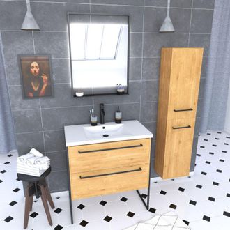 Aurlane Mueble De Ba&ntilde;o 80, Lavabo Blanco, Espejo Led Y Columna Roble Natural