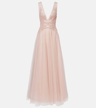 Costarellos Floral-appliqué tulle gown