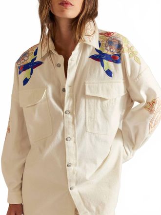 Free People Take Flight Embroidered Shirt In Snow Bell Combo
