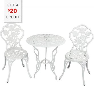 Sunnydaze 3-Piece White Flower Designed Cast Aluminum Patio Furniture Bistro Set With $20 Credit