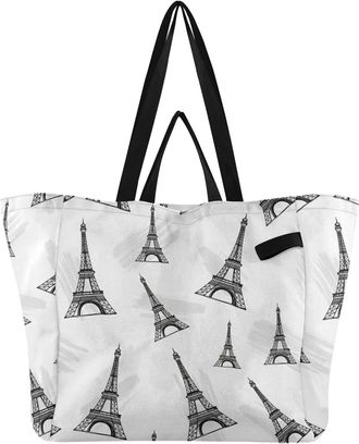 Generic Black Paris Eiffel Tower print Reusable Canvas Tote Bag, Heavy Duty Grocery Shopping Bag with Double Handles Large Capacity Hard Bottom Work Groceries