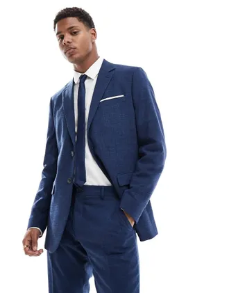 Selected Selected linen mix slim fit suit jacket in dark navy