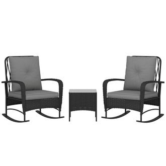 OUTSUNNY Rattan Bistro Set Balcony Furniture with Rocking Chairs - Black | TJ Hughes