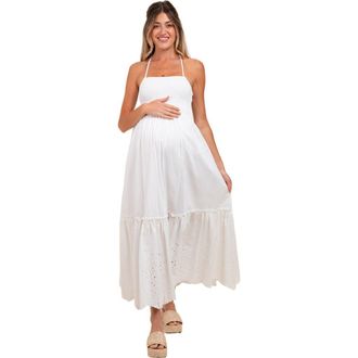 Pinkblush Smocked Open Back Lace Hem Maxi Dress in White at Nordstrom, Size Medium