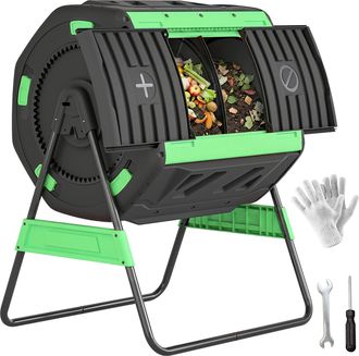 OUTSUNNY Compostador Giratorio De 200l, Contenedor De Compostaje De Jard&iacute;n De Doble C&aacute;mara, Sin Bpa, Con Ventilaci&oacute;n, 2 Puertas Deslizantes, Verde