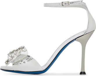 Loriblu Zilveren spiegel leren sandaal met plexy strik en stenen - Dames - Sandalen met hakken - Grijs - 35 EU - Leer - Schoenen