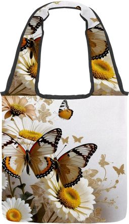 Generic Spring Daisies Butterfly Reversible Canvas Shoulder Tote - Double-Sided Print, 12oz Cotton, 27cm Drop, Fold-Flat Bag for Travel, Shopping, Street Outi