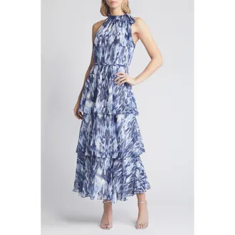 Julia Jordan Tiered Tie Neck Maxi Dress in Blue Multi at Nordstrom, Size 10