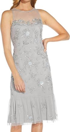 Adrianna Papell Beaded Tea Length Dress In Silver Mist