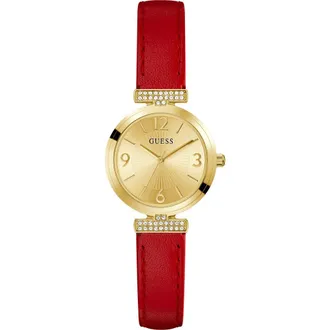 Guess Goldtone Red Leather Strap Watch, 28mm at Nordstrom