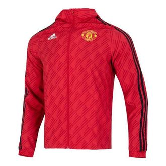 adidas Mens adidas Solid Color Stand Collar Zipper Manchester United Soccer/Football Logo Sports Hooded Jacket Red HE6649