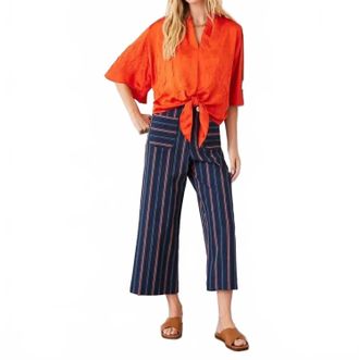 Karen Kane Syd Stripe Cropped Wide Leg Pants In Navy And Orange