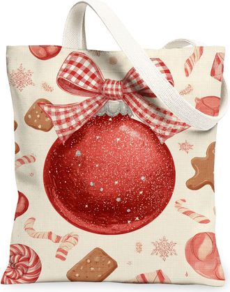 Generic Christmas Red Ornament Canvas Tote Bags, Vintage Holiday Design Reusable Grocery Bags, Lightweight Washable Shoulder Strap, Red, 13x15 Inch