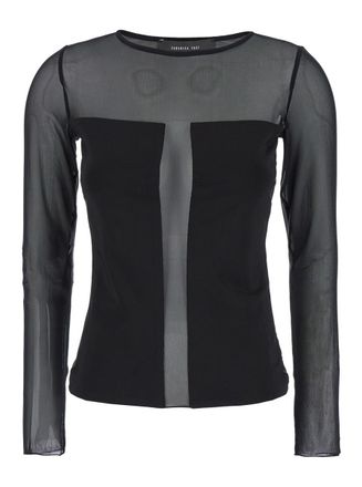 Federica Tosi Black Crewneckt-Shirt With Semi Transparent Inserts In Tulle Stretch Woman