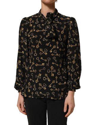 Dolce & Gabbana Black Keys Print Silk Tie Neck Blouse Womens Top