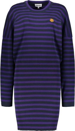 Kenzo Kleedjes, Dames, Paars, L, Katoen, Gestreepte Gebreide Jurk met Geribbelde Halslijn
