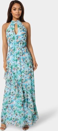 Bebe Printed Chiffon Halter Ruffle Dress