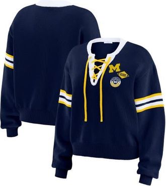 WEAR by Erin Andrews Womens WEAR by Erin Andrews Navy Michigan Wolverines Lace-Up Pullover Sweater at Nordstrom, Size Xx-Large