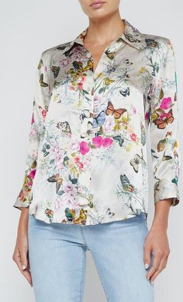 L'agence Dani Butterfly Print Silk Button-Up Shirt in White Multi Charonda Butterfly at Nordstrom, Size Xx-Small