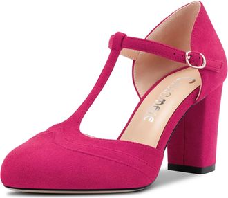 Castamere Women Chunky Block High Heel Round Toe Pumps Court Shoe T-Strap Buckle Wedding Office 8.5 CM Heels Magenta Peach Red A 5.5 UK
