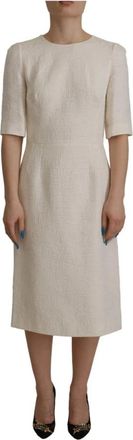 Dolce & Gabbana Elegante Bloemen Jacquard Midi Jurk - Dames - Casual kleedjes - Wit - L - Katoen - Kleedjes