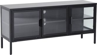 Sweeek Industrial metal and tempered glass TV stand with 3 doors 120cm, Arkansas, Black, 120x35x55 cm