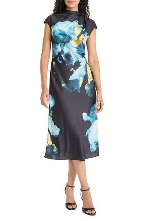 Maggy London Print Satin Cocktail Dress in Black/Teal at Nordstrom Rack, Size 10