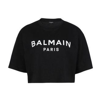 Balmain T-Shirts, female, Black, Size: XS Cropped T-Shirt with Logo Print