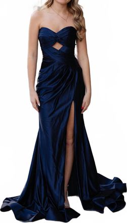 Sherri Hill Strapless Fitted Stretch Satin Prom Dress In Navy