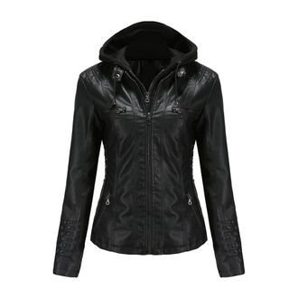 Dissa Womens Black Stylish Faux Leather Jacket Hooded Zipper Slim Short Biker Jacket,3XL,C6699N