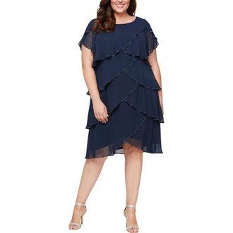 S.L. Fashions Bugle Beaded Tiered Cocktail Dress in New Navy at Nordstrom, Size 14W