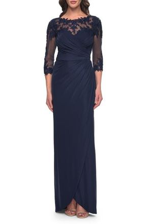 La Femme Long Jersey Evening Dress with Lace Detail Neckline and Sleeves in Navy at Nordstrom, Size 16
