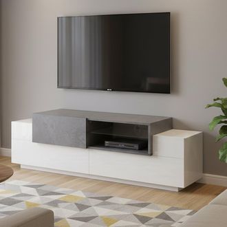 Dmora Dmora - Mueble De Televisi&oacute;n Dlodrin, Aparador Bajo Para Sal&oacute;n, Base Soporte Tv, 100% Made In Italy, Cm 160x45h51, Blanco Brillo Y Gris Cemento
