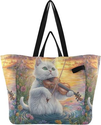 Generic Cat Violin Golden pattern Reusable Canvas Tote Bag, Heavy Duty Grocery Shopping Bag with Double Handles Hard Bottom Large Capacity Work Groceries Trav
