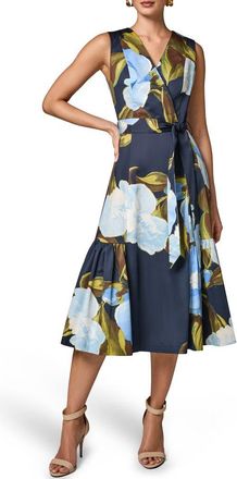DKNY Floral Print Faux Wrap Sleeveless Dress in Nightfll M at Nordstrom, Size 16